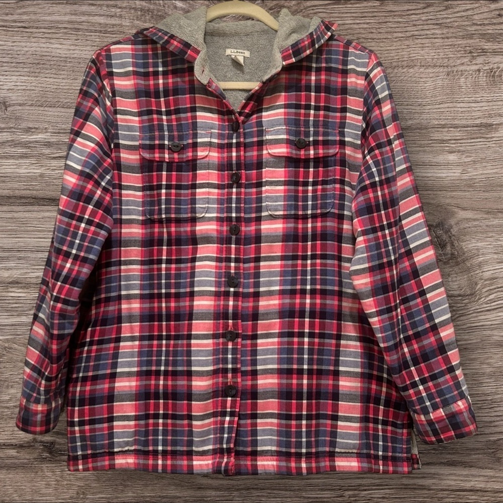 ⭐ L.L.Bean Plaid Flannel Hoodie Jacket S Petite | Cozy Fleece Lined Fall Layer